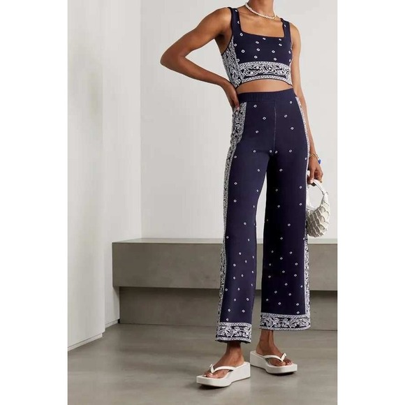 STAUD Pants - STAUD Intarsia Knit Pants Size S Blue Bandana Paisley Stretch Wide Leg Bohemian